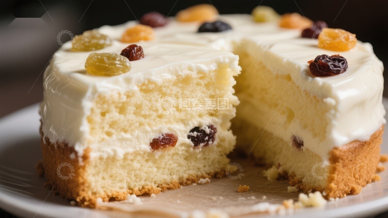 高清大图下载【趣麦麦图】奶油蛋糕切片，点缀葡萄干