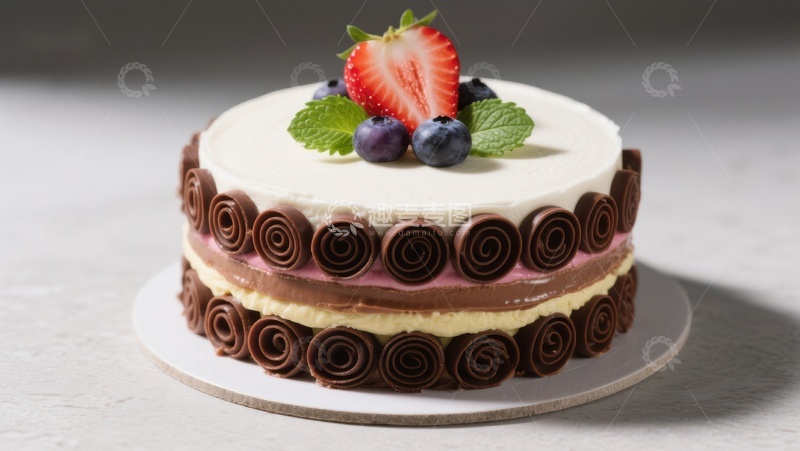 高清大图下载【趣麦麦图】巧克力卷边奶油蛋糕配新鲜水果