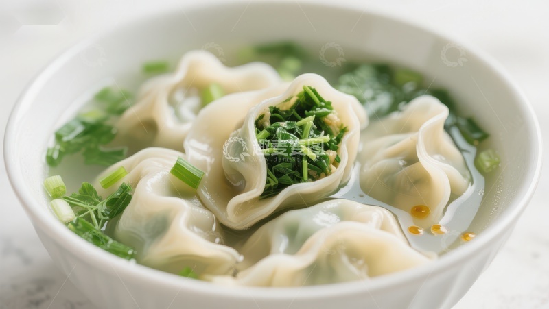 高清大图下载【趣麦麦图】鲜美馄饨汤，点缀香菜