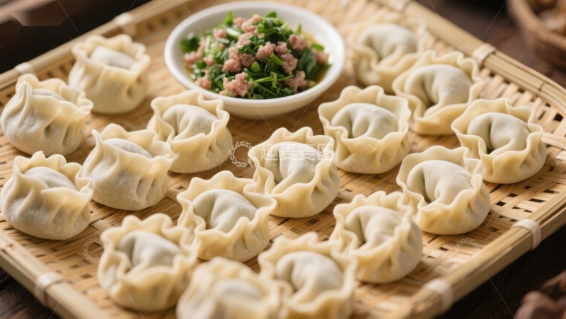 高清大图下载【趣麦麦图】新鲜饺子与馅料，竹篮摆放