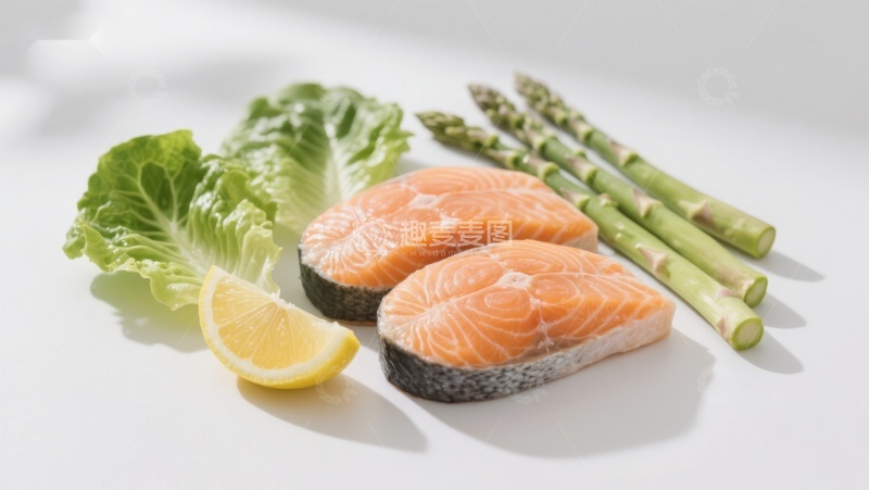 高清大图下载【趣麦麦图】三文鱼配芦笋生菜柠檬