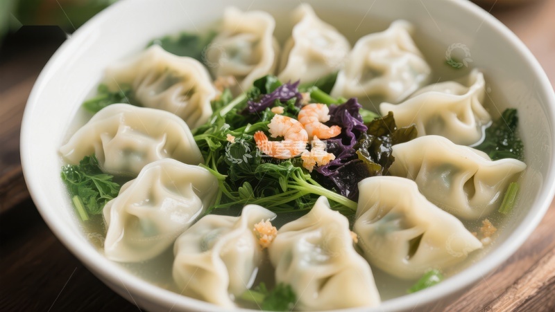 高清大图下载【趣麦麦图】鲜美馄饨汤配虾仁与绿叶蔬菜