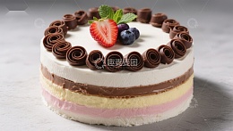 多层奶油蛋糕配巧克力卷和新鲜水果