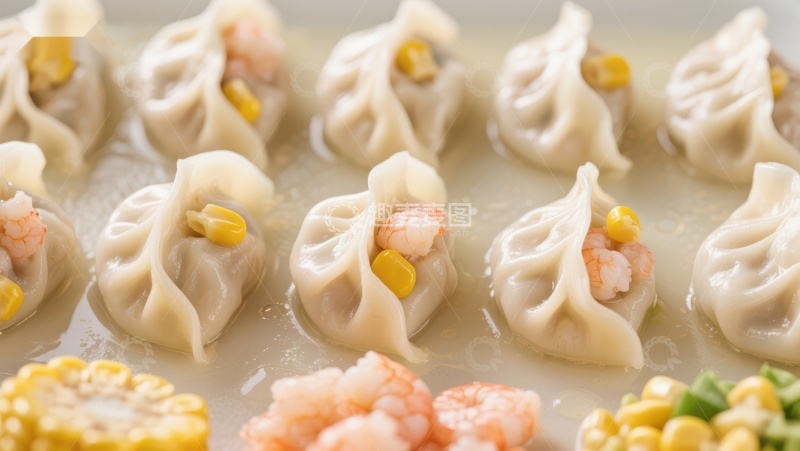 高清大图下载【趣麦麦图】鲜虾玉米馅饺子特写