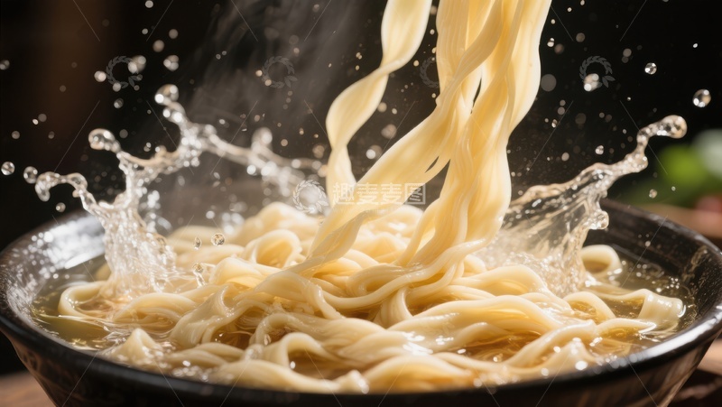 高清大图下载【趣麦麦图】热腾腾的面条落入碗中溅起水花