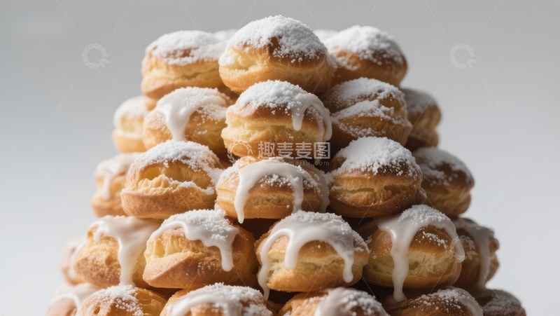 高清大图下载【趣麦麦图】奶油泡芙塔，撒糖粉装饰