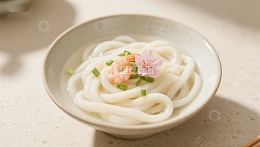 清汤乌冬面配虾仁和樱花