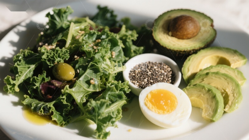 高清大图下载【趣麦麦图】羽衣甘蓝沙拉配牛油果鸡蛋
