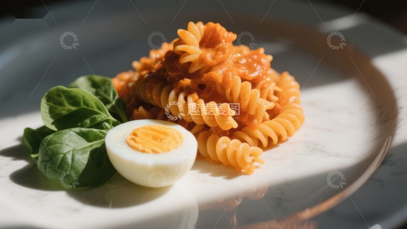 高清大图下载【趣麦麦图】意面配鸡蛋与菠菜的美味组合