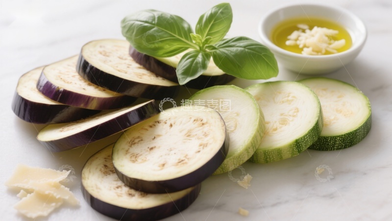 高清大图下载【趣麦麦图】切片茄子与西葫芦配香草