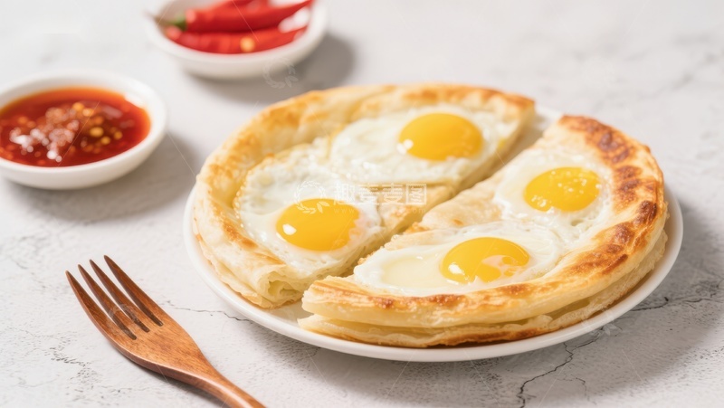 高清大图下载【趣麦麦图】蛋饼分切，配以辣椒酱