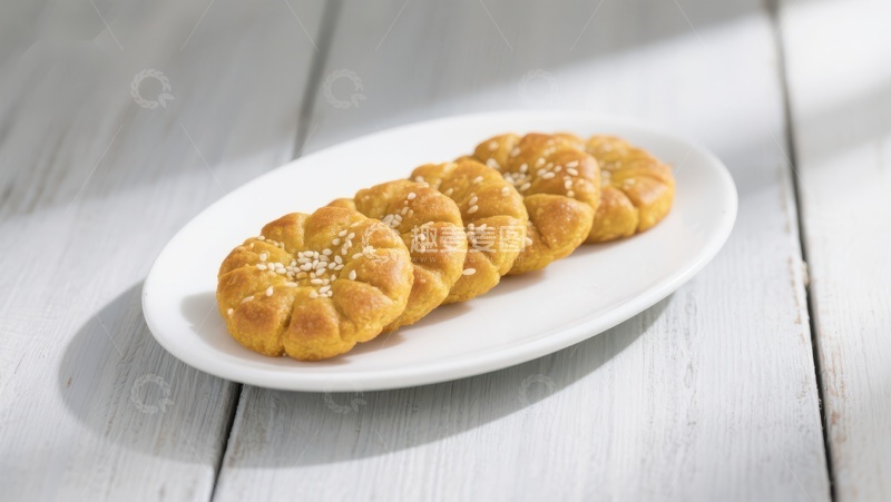 高清大图下载【趣麦麦图】芝麻糕点整齐排列于白色盘中