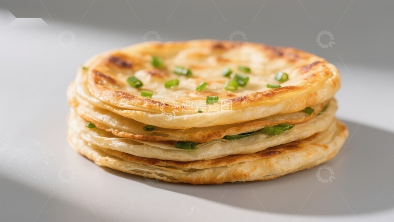 高清大图下载【趣麦麦图】金黄葱香煎饼叠放特写