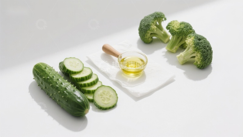 高清大图下载【趣麦麦图】黄瓜西兰花与橄榄油摆拍
