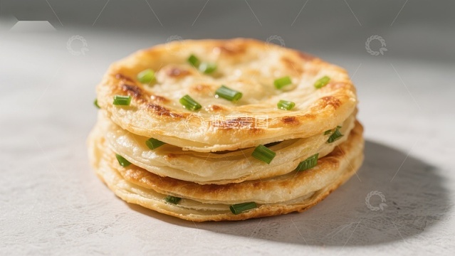 香葱煎饼叠放特写