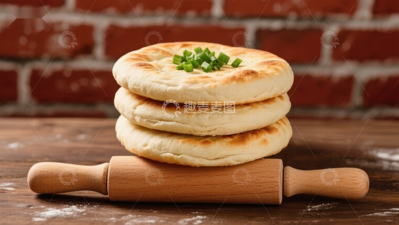 高清大图下载【趣麦麦图】葱花饼叠放于擀面杖上