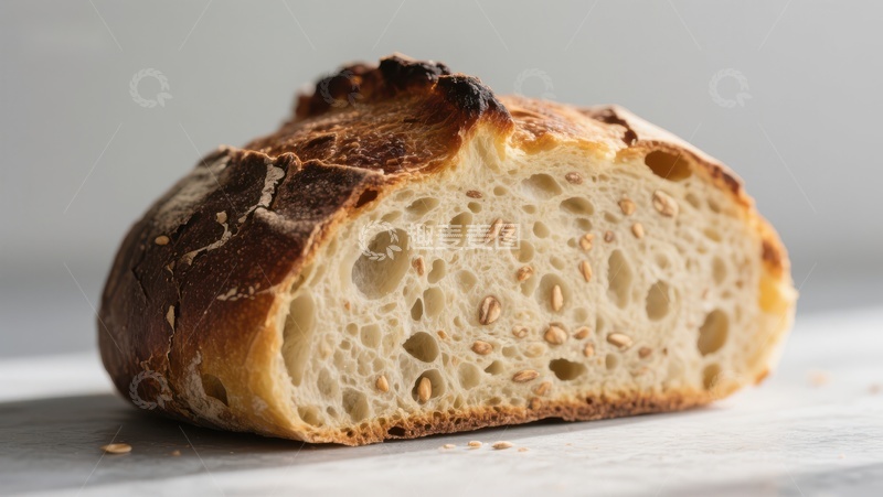 高清大图下载【趣麦麦图】新鲜切开的面包，展示其多孔内部