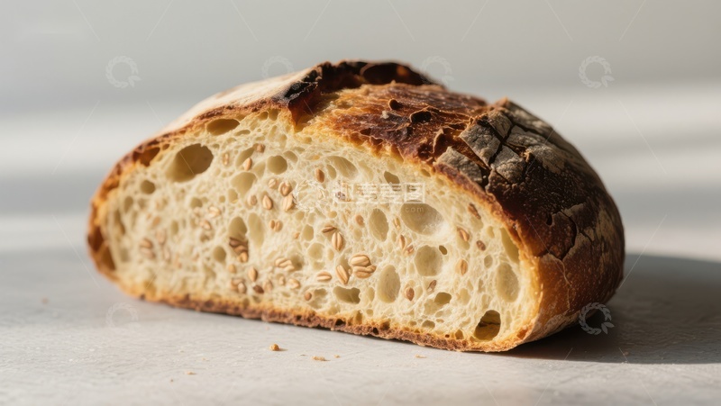 高清大图下载【趣麦麦图】新鲜切开的面包，展示其多孔内部