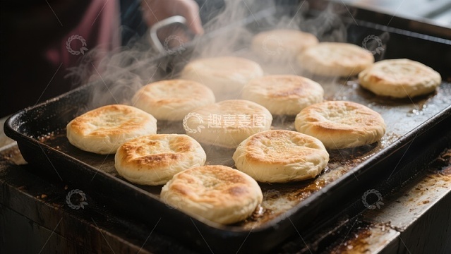 热腾腾的烤饼在烤盘上散发香气