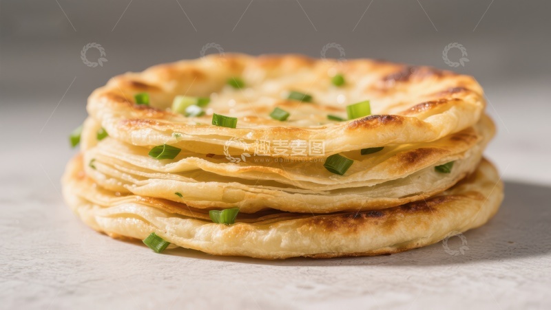 高清大图下载【趣麦麦图】金黄葱香煎饼叠放特写