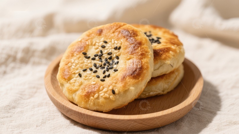 高清大图下载【趣麦麦图】金黄酥饼配芝麻，木盘盛放