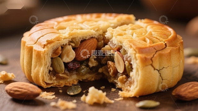 金黄月饼切开展示丰富馅料
