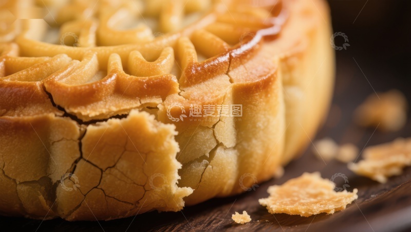 高清大图下载【趣麦麦图】酥皮月饼特写，表面裂纹清晰可见