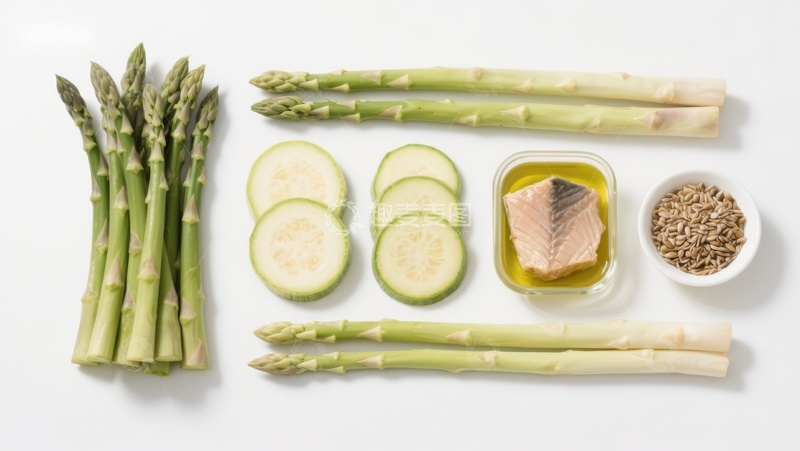 高清大图下载【趣麦麦图】新鲜食材组合：芦笋、西葫芦与三文鱼