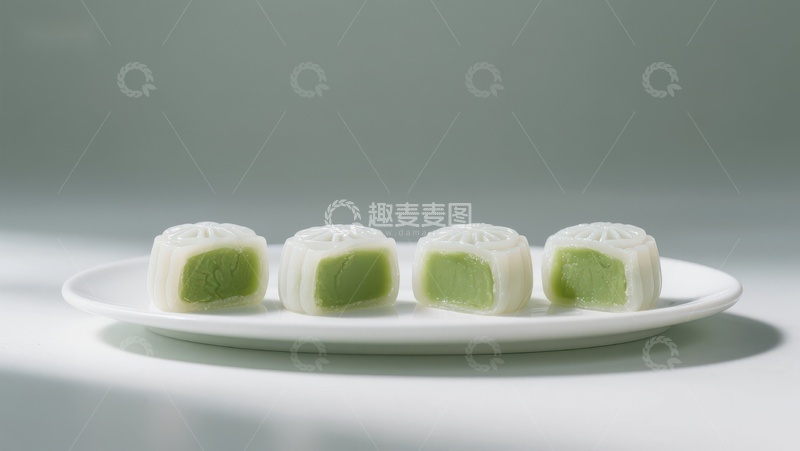 高清大图下载【趣麦麦图】绿色馅料的糕点整齐排列在白色盘子上