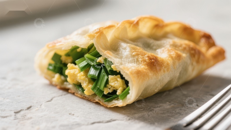高清大图下载【趣麦麦图】金黄酥皮包裹的葱花鸡蛋馅饼