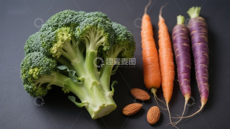 高清大图下载【趣麦麦图】西兰花胡萝卜与杏仁静物