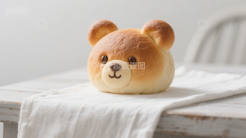 高清大图下载【趣麦麦图】可爱熊形面包置于白色桌布上