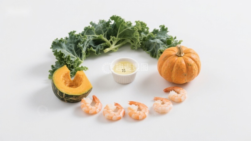 高清大图下载【趣麦麦图】南瓜虾仁与羽衣甘蓝食材摆拍