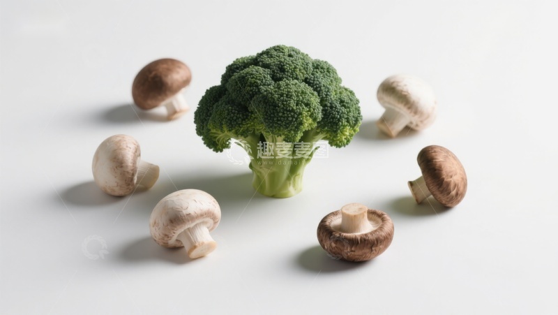 高清大图下载【趣麦麦图】西兰花与蘑菇的静物组合