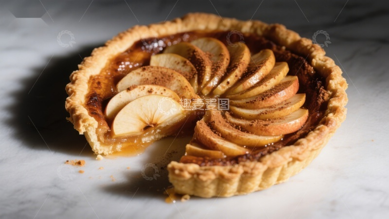 高清大图下载【趣麦麦图】苹果派特写，金黄色酥皮与鲜嫩果片