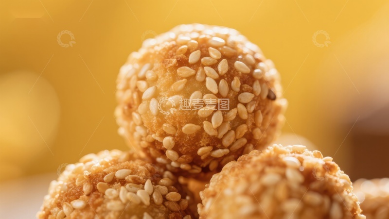 高清大图下载【趣麦麦图】芝麻球特写，金黄诱人