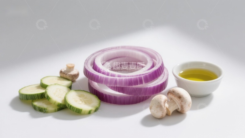 高清大图下载【趣麦麦图】切片蔬菜与橄榄油摆拍