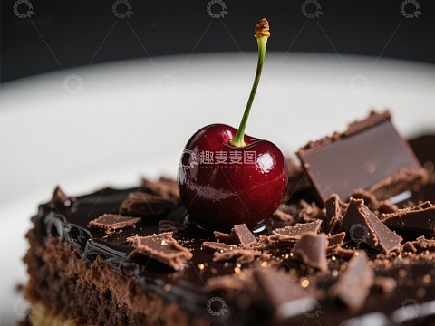 巧克力蛋糕上的樱桃特写