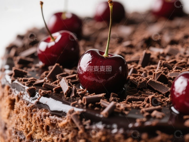 高清大图下载【趣麦麦图】巧克力蛋糕上的樱桃特写