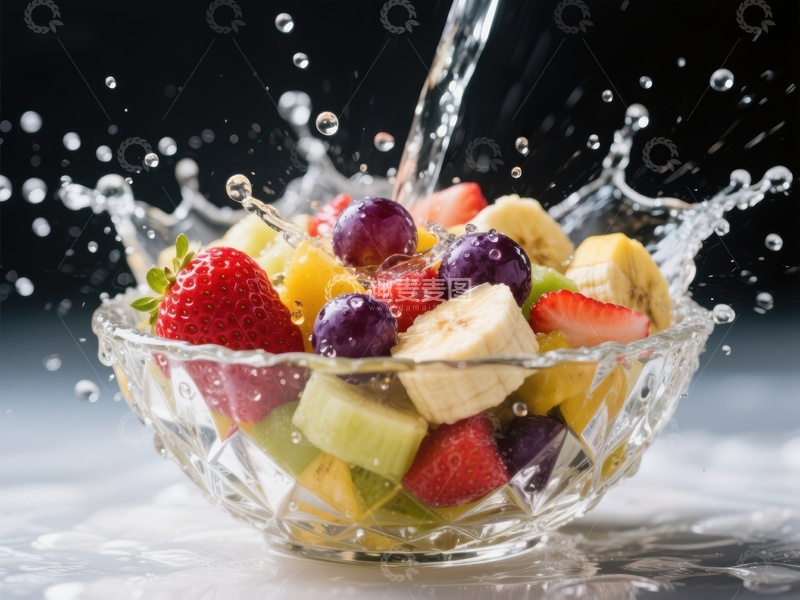 高清大图下载【趣麦麦图】水果沙拉与水花碰撞瞬间