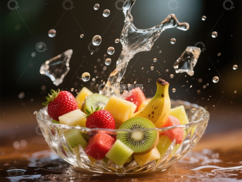 高清大图下载【趣麦麦图】水果沙拉与水花碰撞瞬间