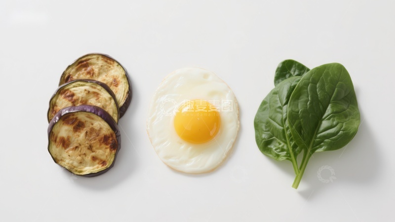 高清大图下载【趣麦麦图】煎蛋配茄子与菠菜