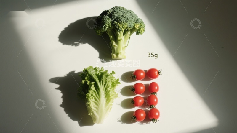 高清大图下载【趣麦麦图】蔬菜静物：西兰花、生菜与小番茄