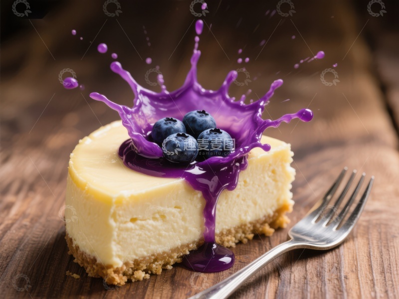 高清大图下载【趣麦麦图】蓝莓酱飞溅的芝士蛋糕