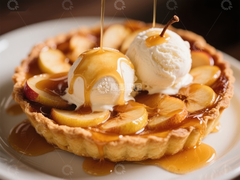 高清大图下载【趣麦麦图】苹果派配冰淇淋，淋上焦糖酱