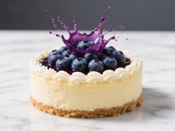 蓝莓芝士蛋糕上的紫色果酱飞溅