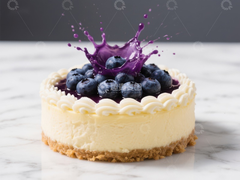 高清大图下载【趣麦麦图】蓝莓芝士蛋糕上的紫色果酱飞溅