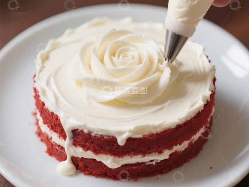 高清大图下载【趣麦麦图】奶油裱花装饰红丝绒蛋糕
