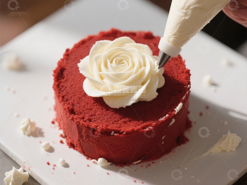 高清大图下载【趣麦麦图】奶油裱花装饰红色蛋糕