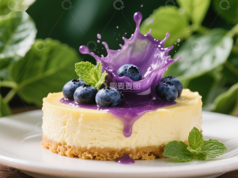 高清大图下载【趣麦麦图】蓝莓芝士蛋糕与紫色酱汁飞溅